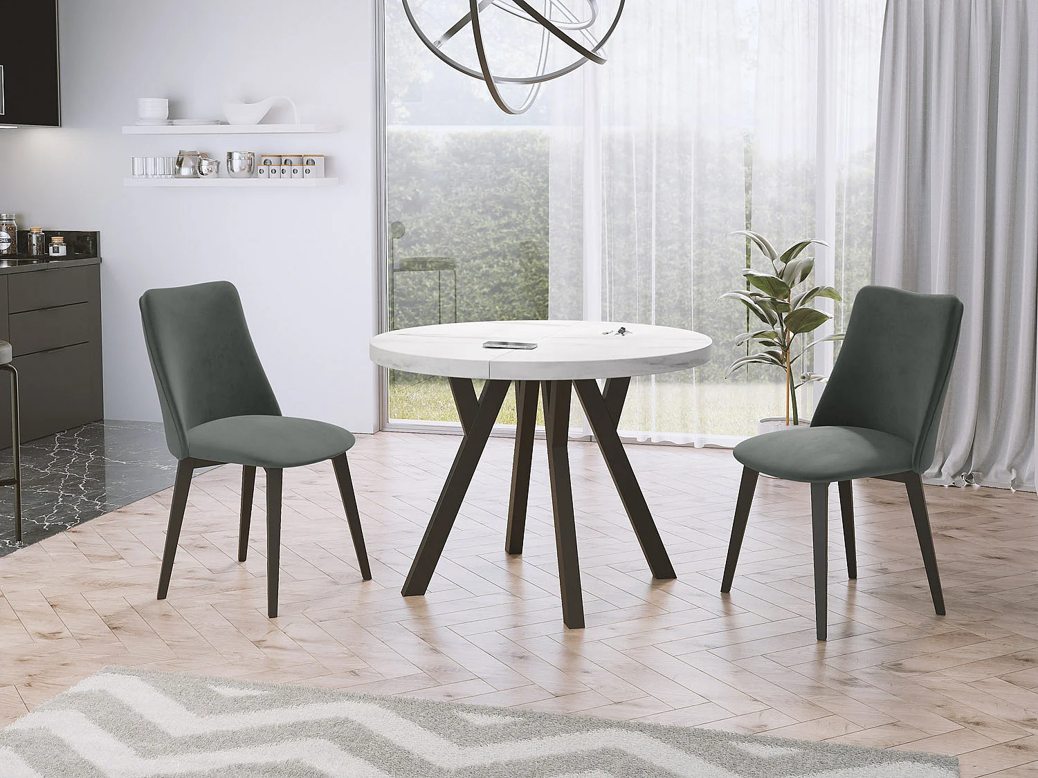 Designer Runder Ausziehbarer Esstisch - Loft-Stil, Platzsparend - Schwarze Beine - 100 bis 200 cm - für 5-10 Personen - Hergestellt in EU - Marmor Weiß - 200 cm