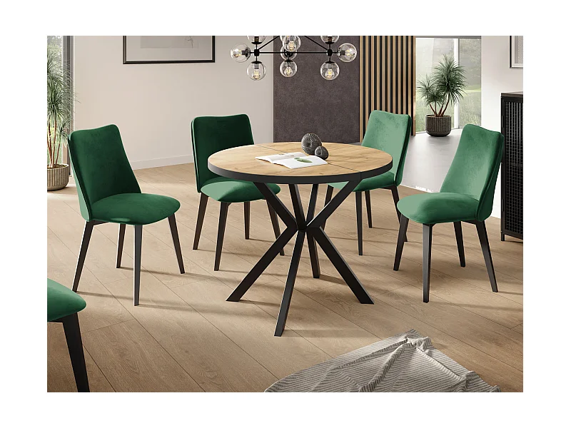 Table Ronde à Rallonges Pour la Salle à Manger - 100/176 cm - Table Avec Pieds en Métal Noir - Compacte - Chêne Craft