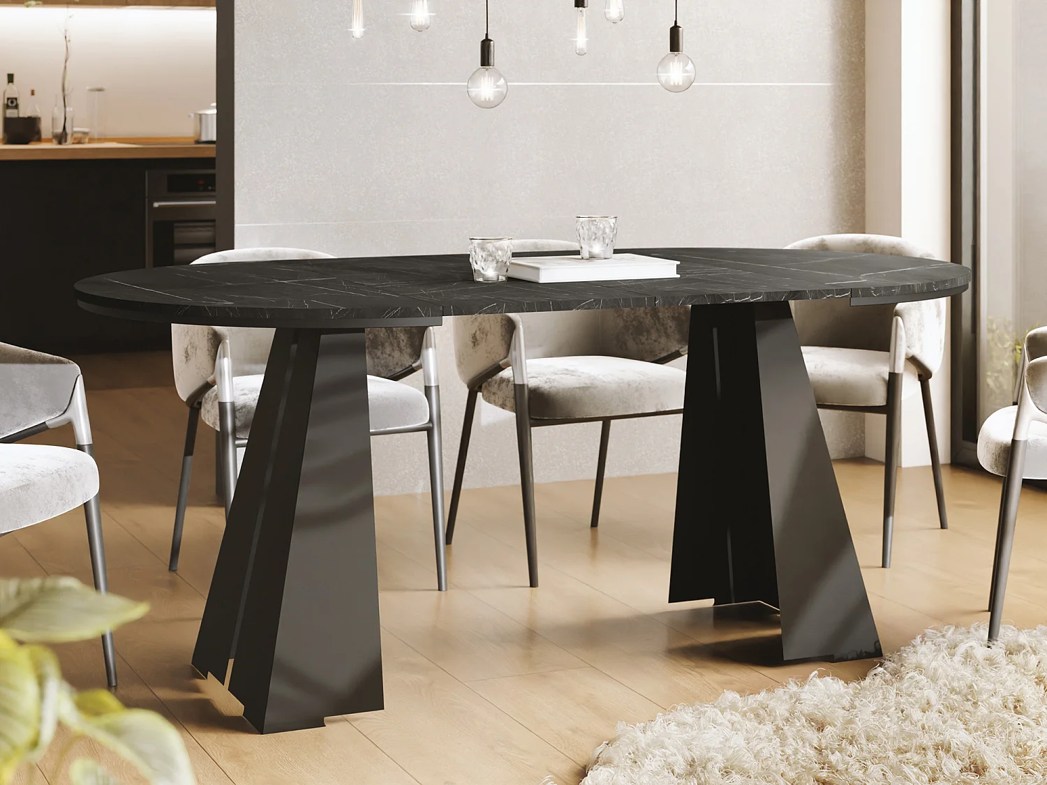 Runder Ausziehbarer Esstisch mit Schwarzem Metallgestell - Moderner Industrieller Tisch für Esszimmer oder Küche - 100 cm bis 180 cm - Made in EU - Marmor Schwarz