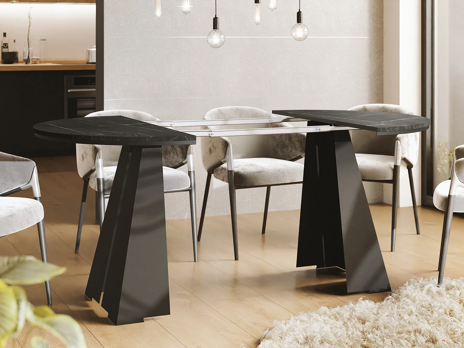 Runder Ausziehbarer Esstisch mit Schwarzem Metallgestell - Moderner Industrieller Tisch für Esszimmer oder Küche - 100 cm bis 180 cm - Made in EU - Marmor Schwarz