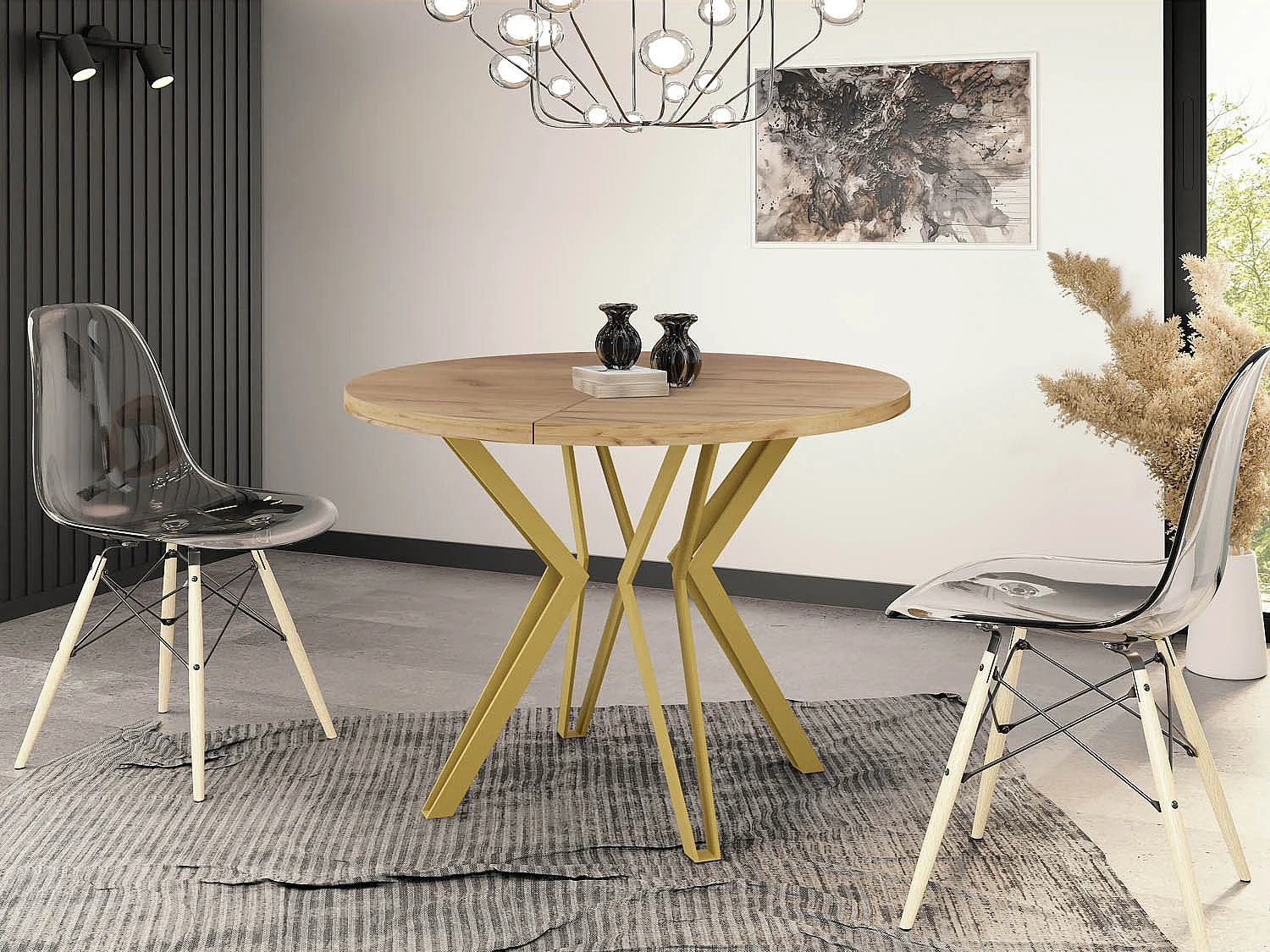 Table Ronde Salle à Manger - 120/196 cm de Diamètre - Table à Rallonges Avec Pieds en Métal Doré - Style Industriel - Compacte - Chêne Craft