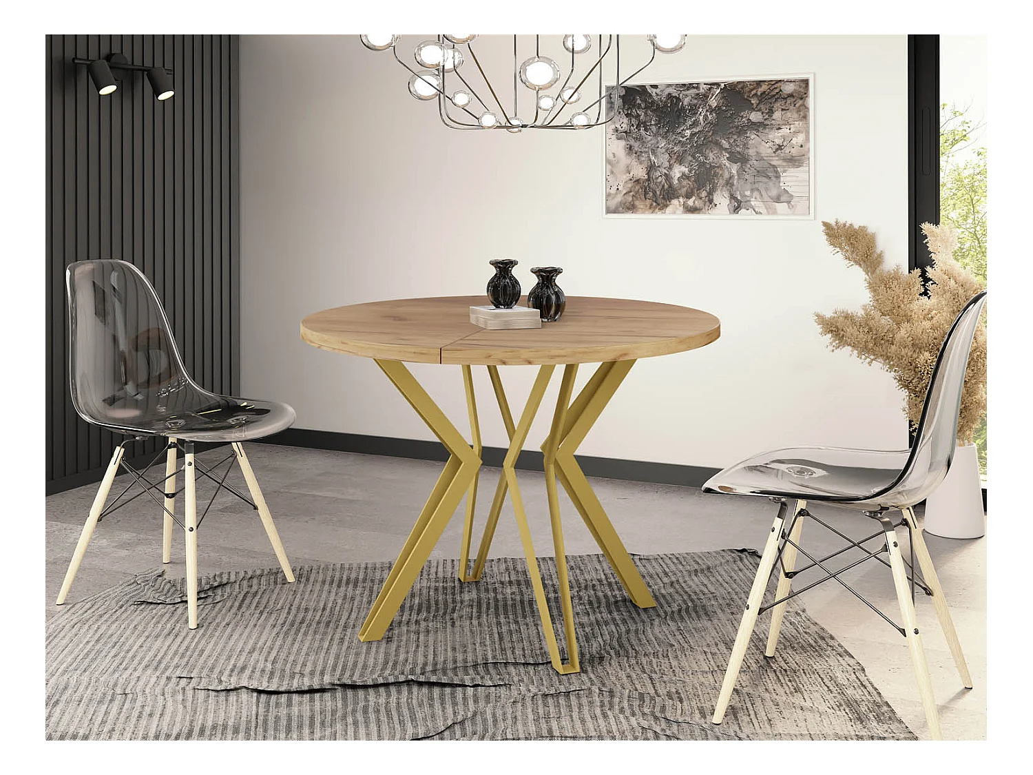 Runder Tisch für das Esszimmer - 100 oder 120 cm Durchmesser - Ausziehbarer Tisch mit Pulverbeschichteten Goldenen Metallbeinen - 120 cm - Craft Eiche