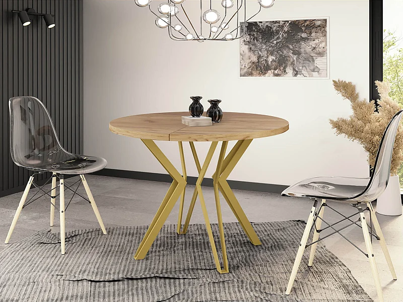 Runder Tisch für das Esszimmer - 100 oder 120 cm Durchmesser - Ausziehbarer Tisch mit Pulverbeschichteten Goldenen Metallbeinen - 120 cm - Craft Eiche