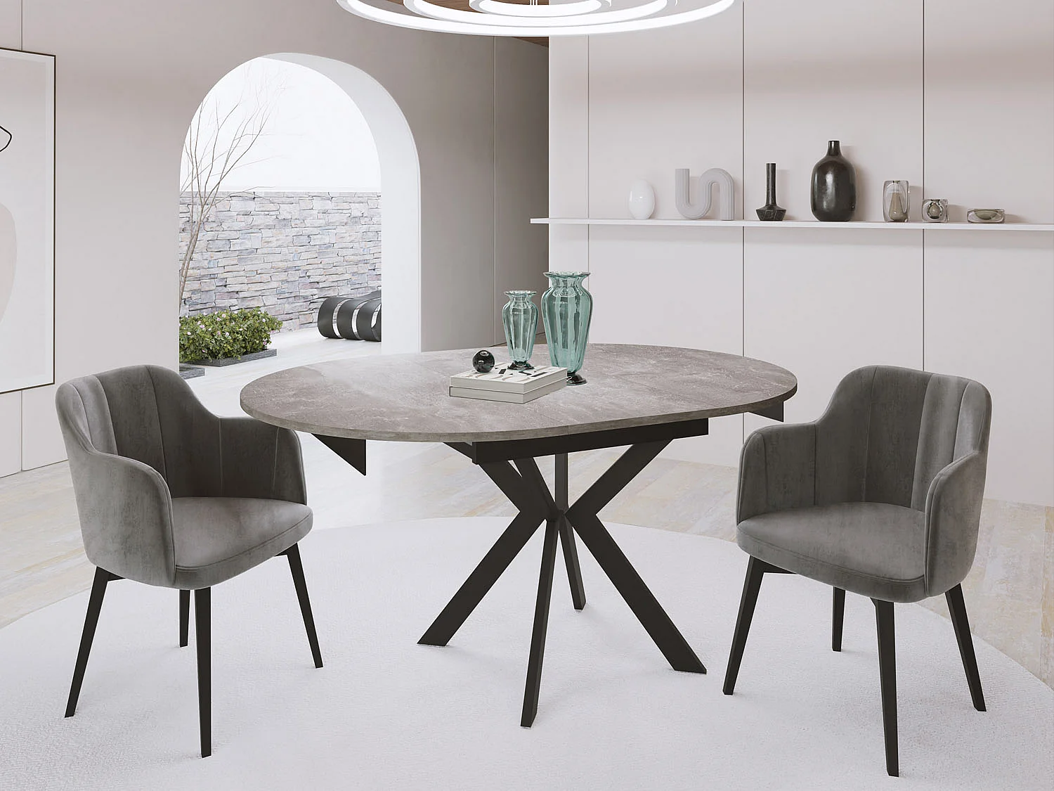 Runder Ausziehbarer Esstisch mit Schwarzen Metallbeinen - Aufbewahrung der Erweiterungsplatte im Inneren - Industrieller Tisch für Wohnzimmer - 100 cm - Beton Grau