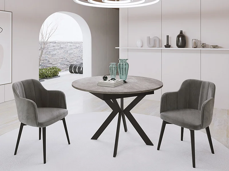 Table à Manger Extensible Ronde Avec Pieds en Métal Noir - Rangement Des Extensions à L'Intérieur - Table Style Industriel Pour Salon Séjour - 100 cm - Gris Béton