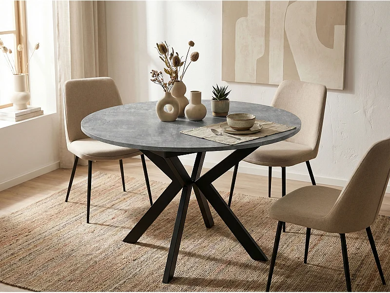 Table à Manger Extensible Ronde Avec Pieds en Métal Noir - Rangement Des Extensions à L'Intérieur - Table Style Industriel Pour Salon Séjour - 100 cm - Gris Béton