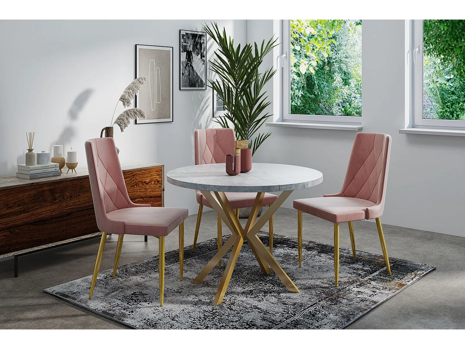 Runder Esstisch Ausziehbar ⌀ 120 cm - Goldene X-Beine - Grau - EU Herstellung