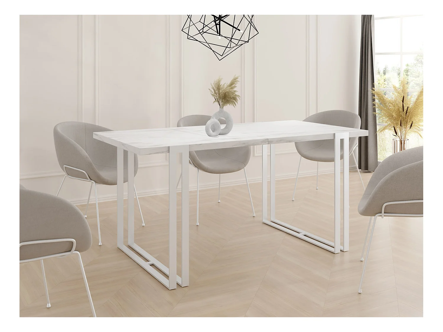 Table à Manger Extensible - Table Style Loft en Métal - Table Style Industriel Pour le Salon - Gain de Place - 160 / 260 cm - Marble Blanc - 160 x 80 cm
