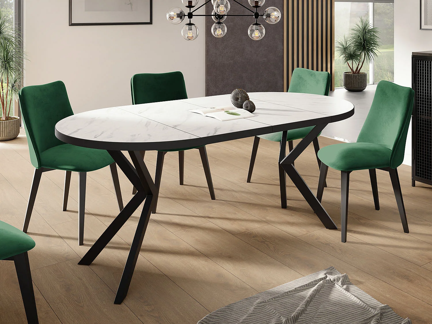 Runder Ausziehbar Tisch für das Esszimmer - Tischrand Schwarzes Dekor - 100 oder 120 cm - Ausziehbarer Tisch mit Schwarzen Metallbeinen - 120 cm - Marmor Weiß