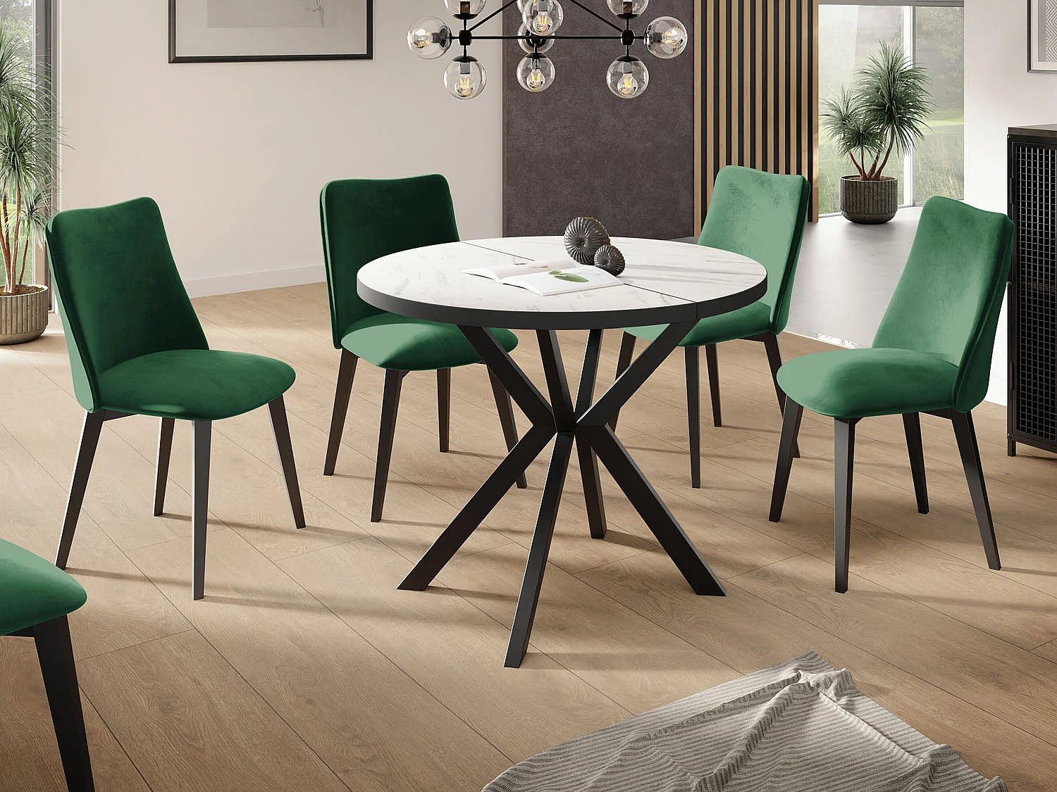 Runder Ausziehbar Tisch für das Esszimmer - Tischrand Schwarzes Dekor - 100 oder 120 cm - Ausziehbarer Tisch mit Schwarzen Metallbeinen - 120 cm - Marmor Weiß