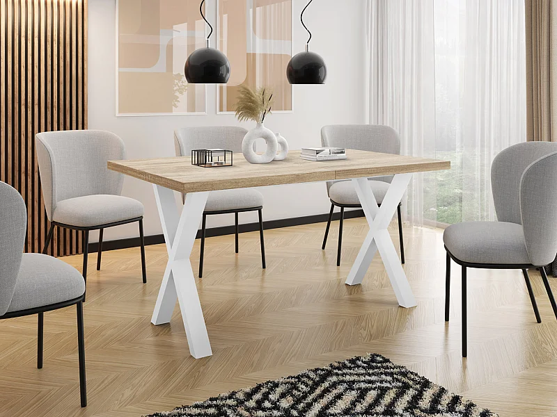 Table de Salle à Manger Rectangulaire Extensible - Grande Table de Style Moderne avec Pieds Métalliques Blanc - 160 à 260 cm - Compacte - Chêne Sonoma