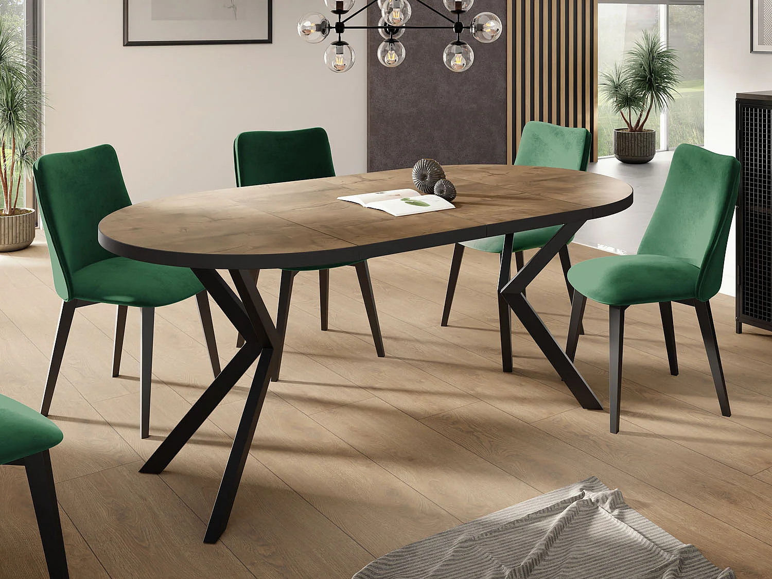 Runder Ausziehbar Tisch für das Esszimmer - Tischrand Schwarzes Dekor - 100 oder 120 cm - Ausziehbarer Tisch mit Schwarzen Metallbeinen - 120 cm - Lefkas Eiche