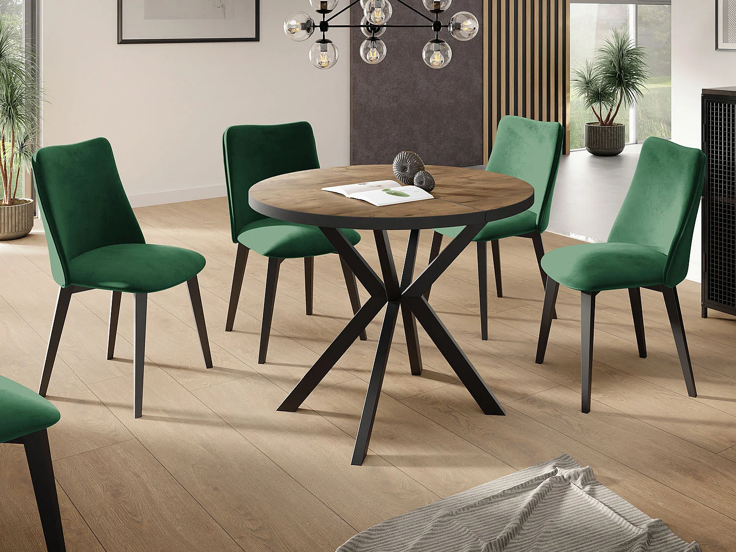 Runder Ausziehbar Tisch für das Esszimmer - Tischrand Schwarzes Dekor - 100 oder 120 cm - Ausziehbarer Tisch mit Schwarzen Metallbeinen - 120 cm - Lefkas Eiche