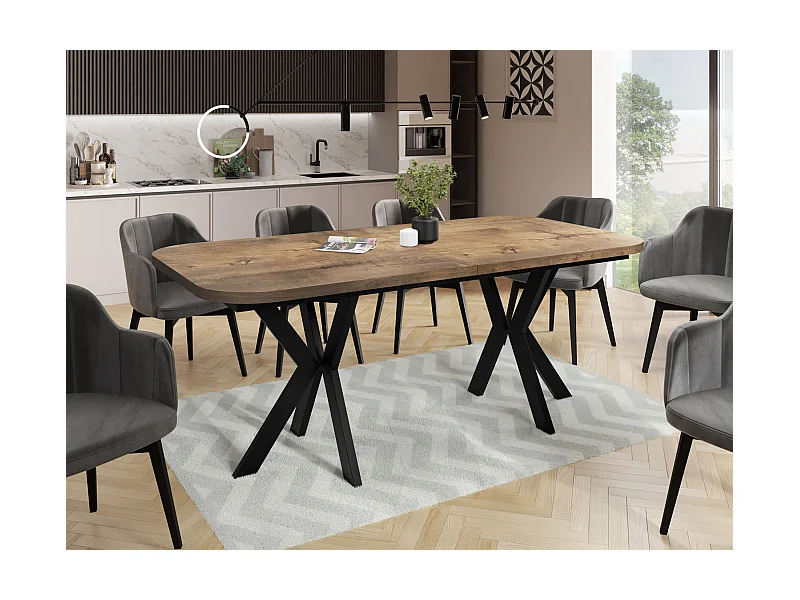 Ausziehbarer Esstisch im Modern-Stil - Rechteckiger Tisch mit Schwarzen Metallbeinen - Industrietisch mit Abgerundeten Ecken - 200 x 100 cm - Lefkas Eiche