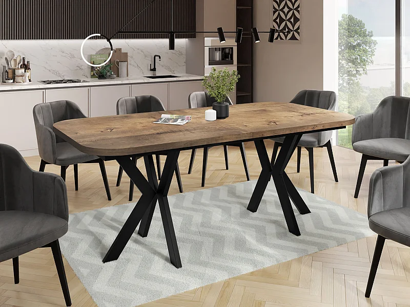 Ausziehbarer Esstisch im Modern-Stil - Rechteckiger Tisch mit Schwarzen Metallbeinen - Industrietisch mit Abgerundeten Ecken - 200 x 100 cm - Lefkas Eiche