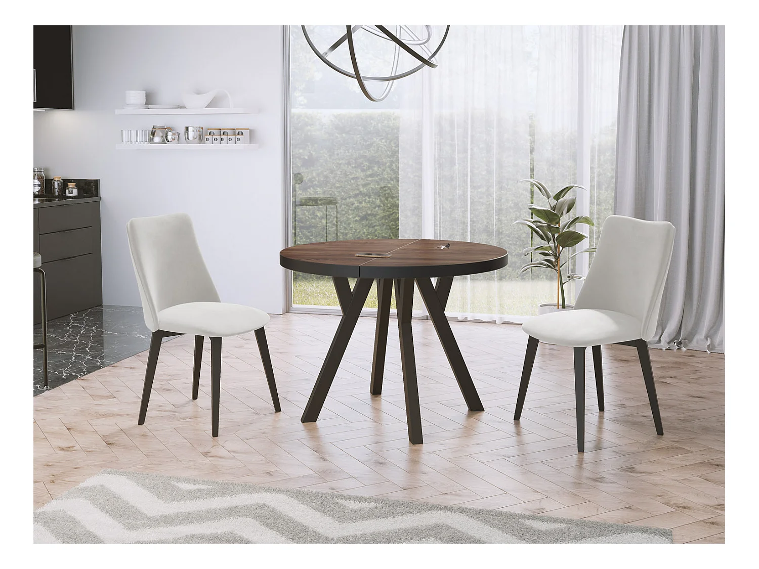 Designer Runder Ausziehbarer Esstisch - Loft-Stil Platzsparend - Schwarze Beine - 100 bis 200 cm - für 5-10 Personen Hergestellt in EU - Arvadonna Chestnut - 200 cm