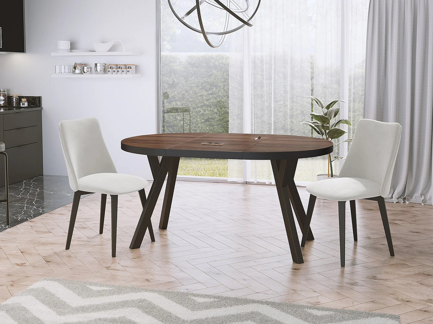 Designer Runder Ausziehbarer Esstisch - Loft-Stil Platzsparend - Schwarze Beine - 100 bis 200 cm - für 5-10 Personen Hergestellt in EU - Arvadonna Chestnut - 200 cm