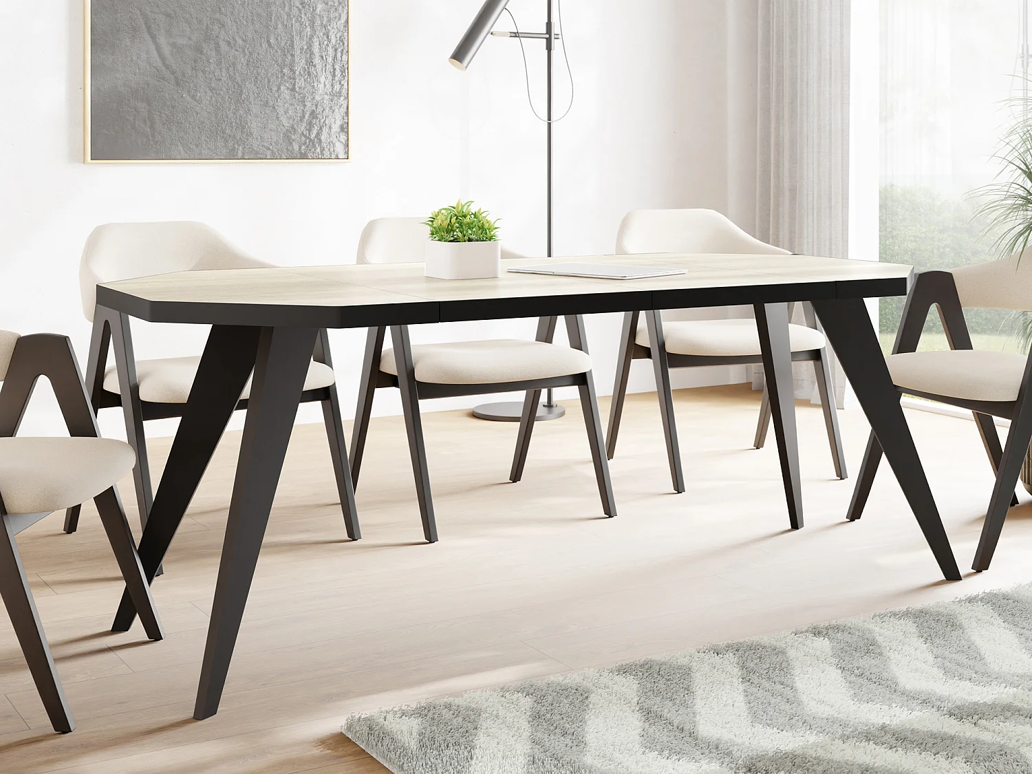 Table à Manger Extensible Moderne avec Pieds Noirs - Plateau en Panneau Stratifié, Style Loft - Chêne Sonoma - 100/200