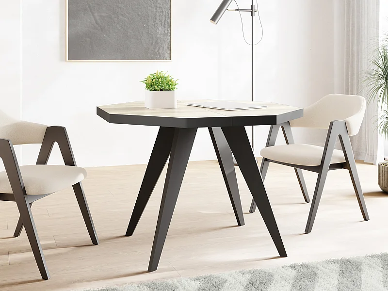 Moderner Runder Ausziehbarer Esstisch Diamond mit Schwarz Holzbeinen – Erweiterbar bis 200 cm, ideal für 4 bis 8 Personen - Loft-Stil Tisch für Küche - Sonoma Eiche