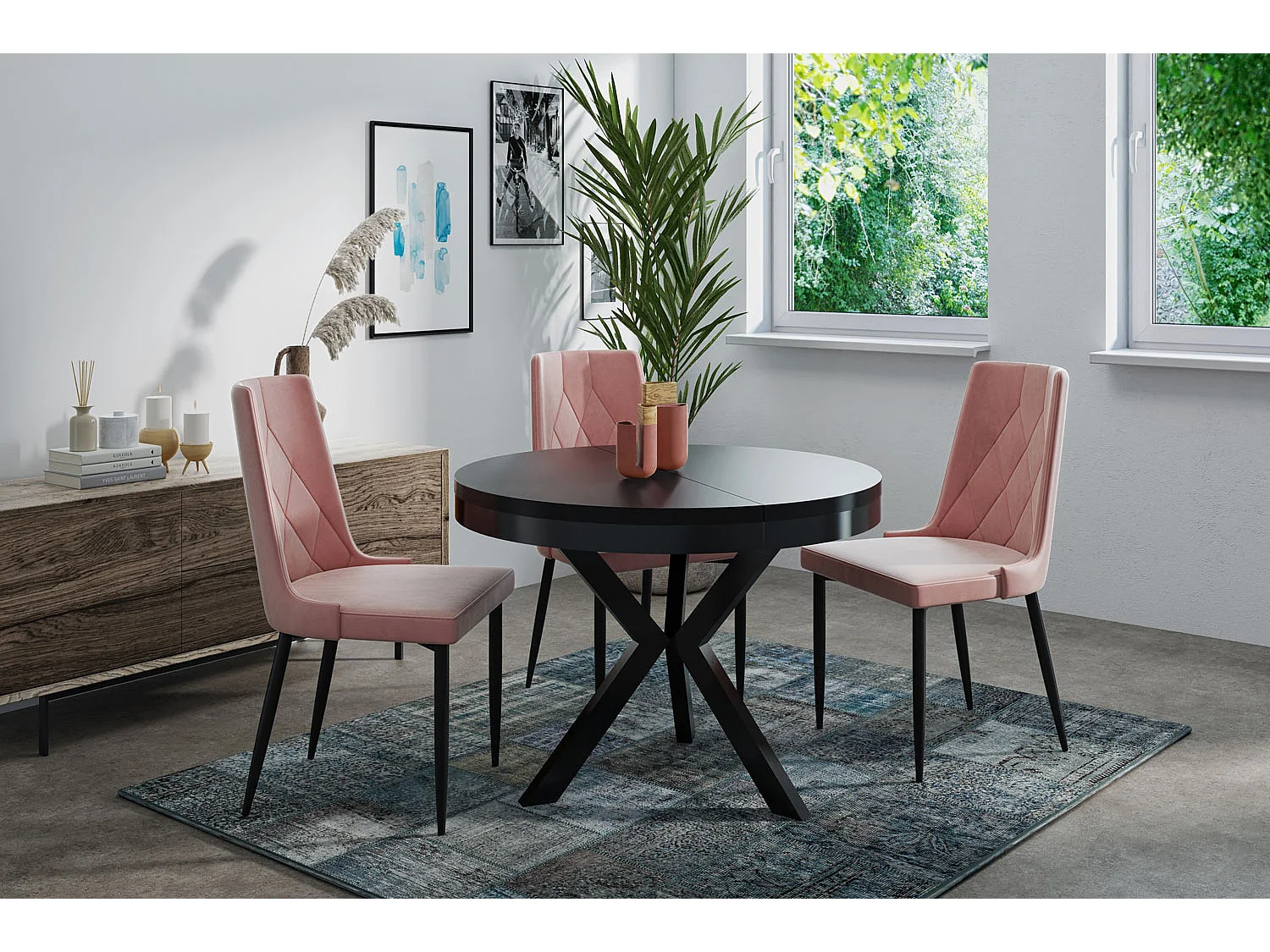 Runder Ausziehbarer Esstisch im Loft-Stil - Industrieller Tisch mit schwarzen Metallbeinen - Platzsparender Tisch für Wohnzimmer - Schwarz - 100 bis 140 cm