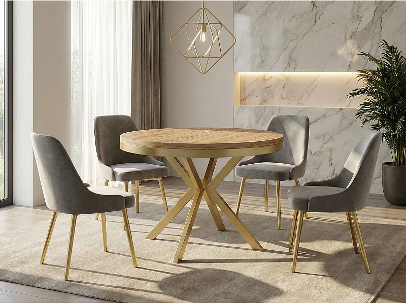 Runder Ausziehbarer Esstisch - Loft Style Tisch mit Goldenen Metallbeinen - 120 bis 200 cm - Industrieller Tisch für Wohnzimmer - Kompakt - 120 cm - Craft Eiche