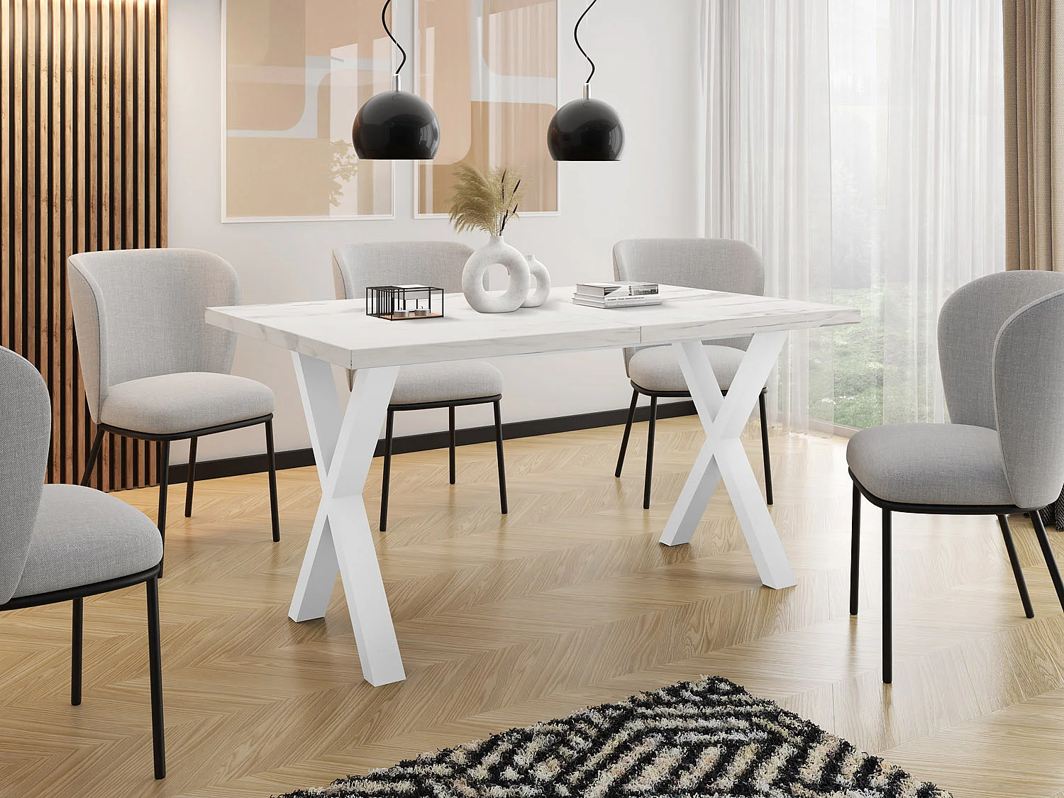 Rechteckiger Ausziehbarer Esstisch - Großer Modern-Stil Tisch mit Weißen Metallbeinen 120 140 160 cm bis 220 240 260 cm - Spacesaver - 160 x 90 cm - Marmor Weiß
