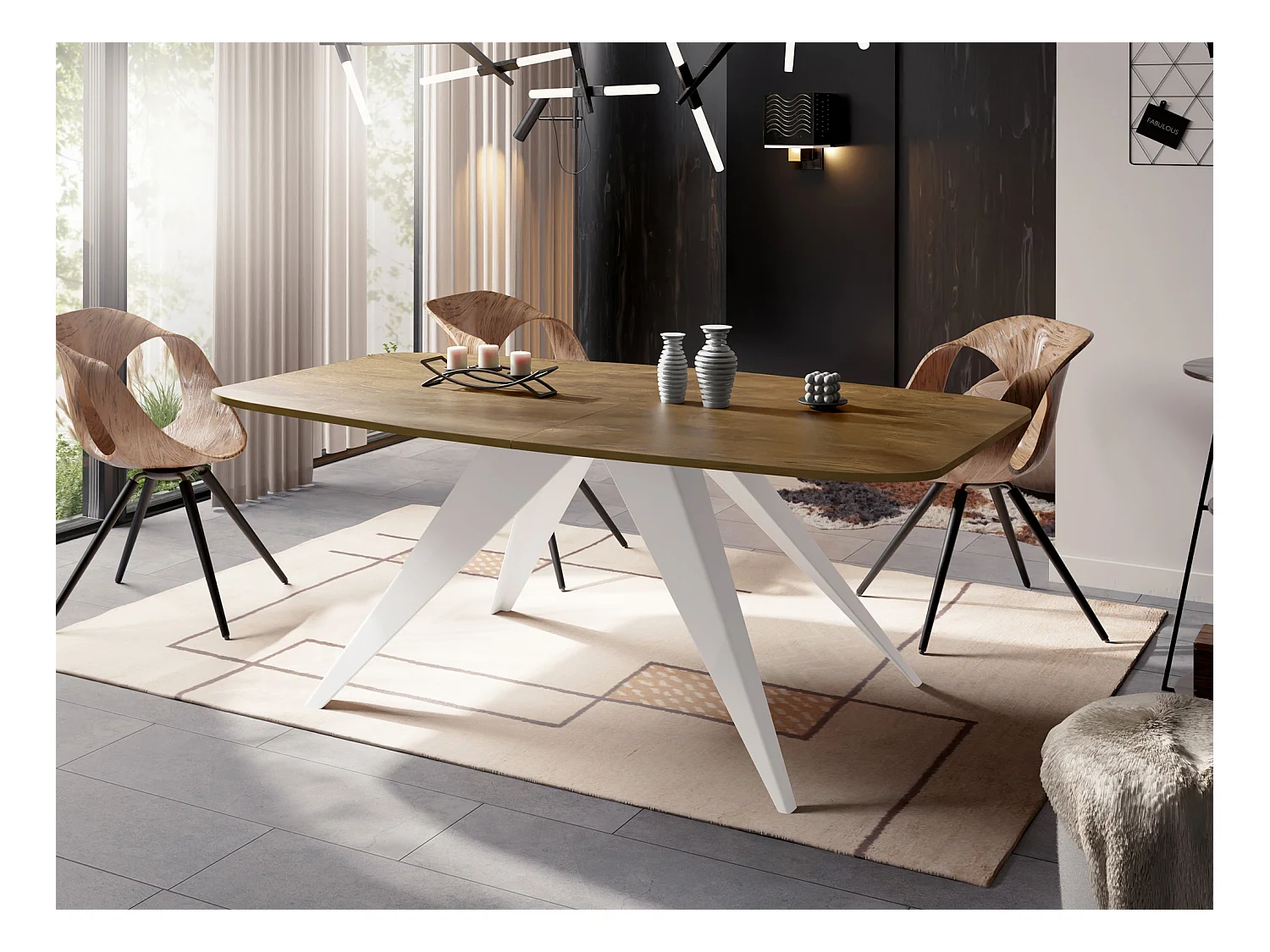 Table à Manger Extensible Style Loft - Table Industrielle avec Pieds Métalliques Blancs - Design Moderne pour Salon - 180 cm extensible à 220 cm - Chêne Lefkas