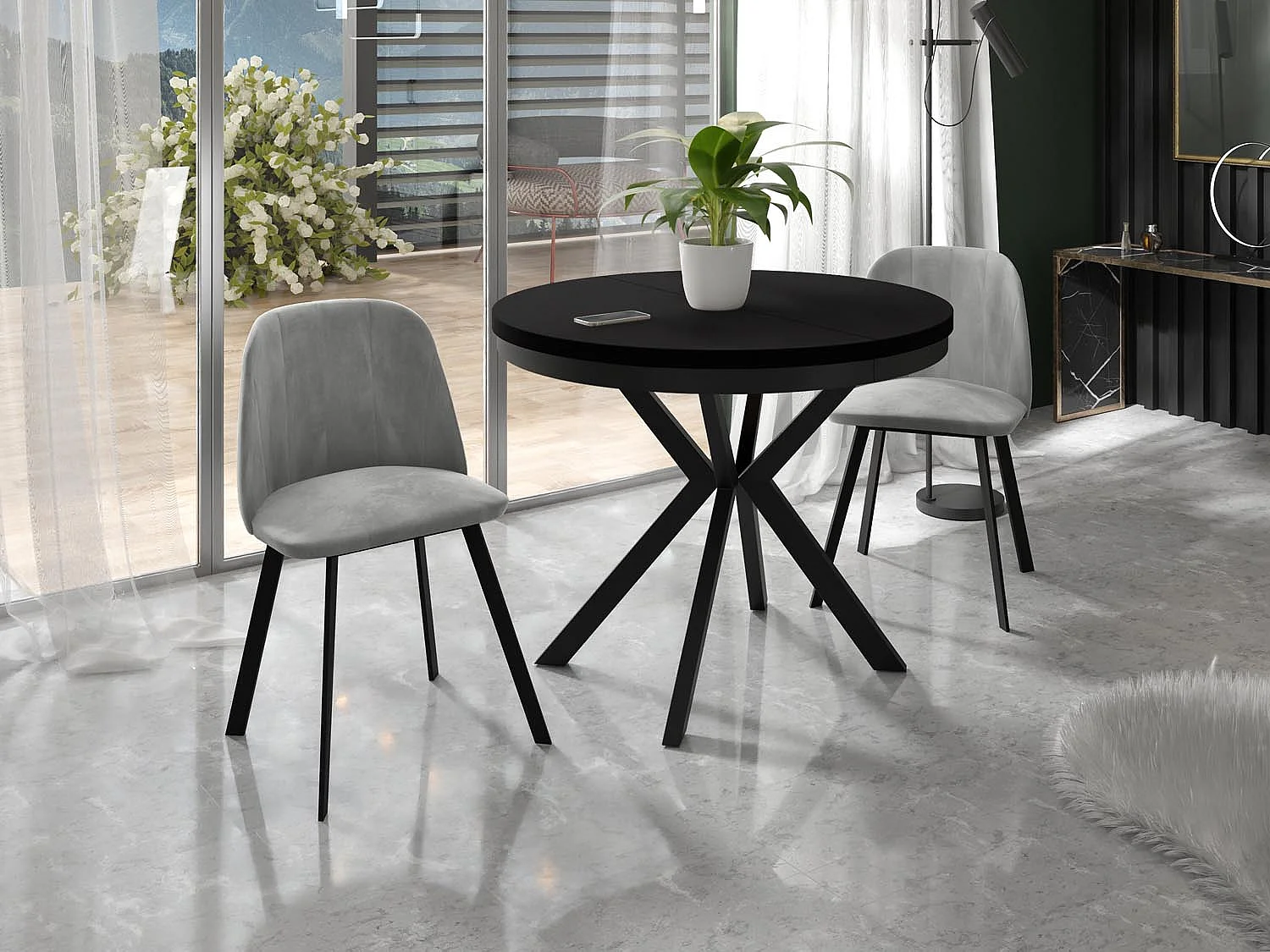 Runder Ausziehbarer Esstisch - Loft Style Tisch mit Metallbeinen - 90 bis 170 cm - Industrieller Tisch für Wohnzimmer - Kompakt - 90 cm - Schwarz