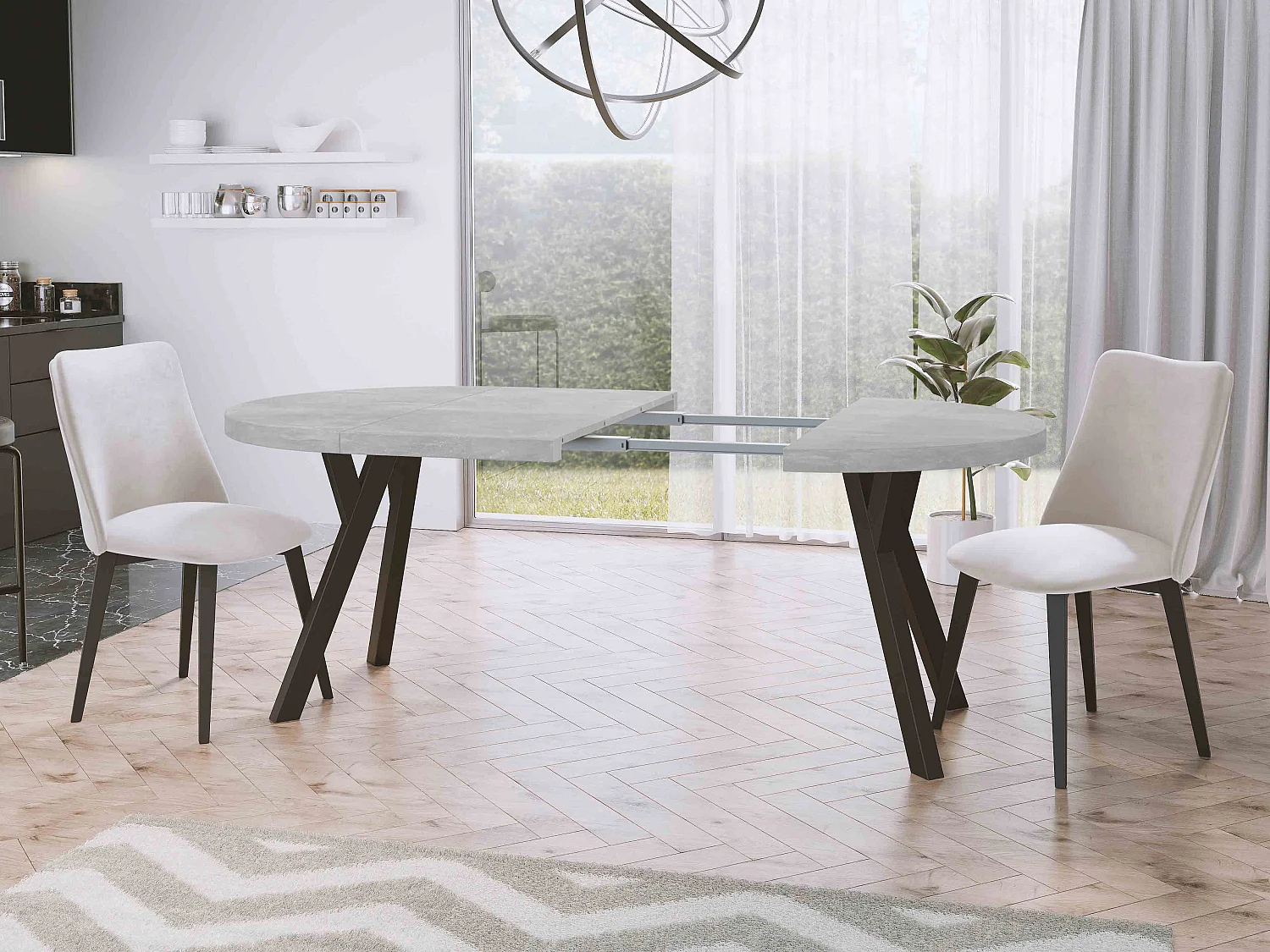 Designer Runder Ausziehbarer Esstisch - Loft-Stil, Platzsparend - Schwarze Beine - 100 bis 150 cm - für 5-8 Personen - Hergestellt in EU - Lefkas Eiche - 150 cm