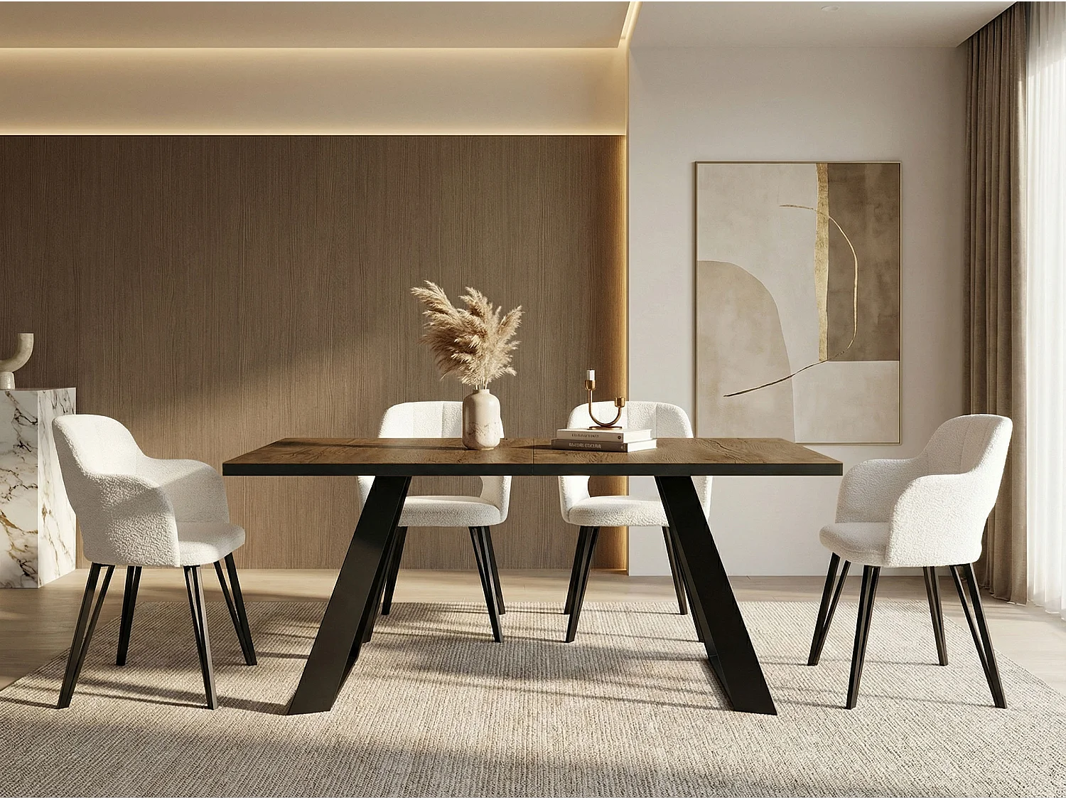 Esstisch Colter Schwarz im Modern Still, Rechteckig Tisch - Ausziehbar von 140 cm bis 240 cm, Pulverbeschichtete Weiße Metallbeine - 140 x 80 cm - Lefkas Eiche