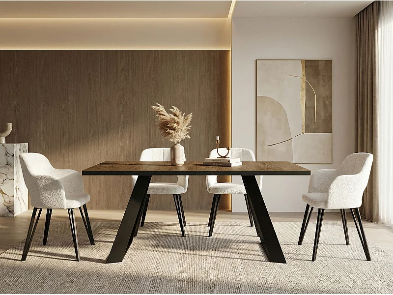 Esstisch Colter Schwarz im Modern Still, Rechteckig Tisch - Ausziehbar von 140 cm bis 240 cm, Pulverbeschichtete Weiße Metallbeine - 140 x 80 cm - Lefkas Eiche