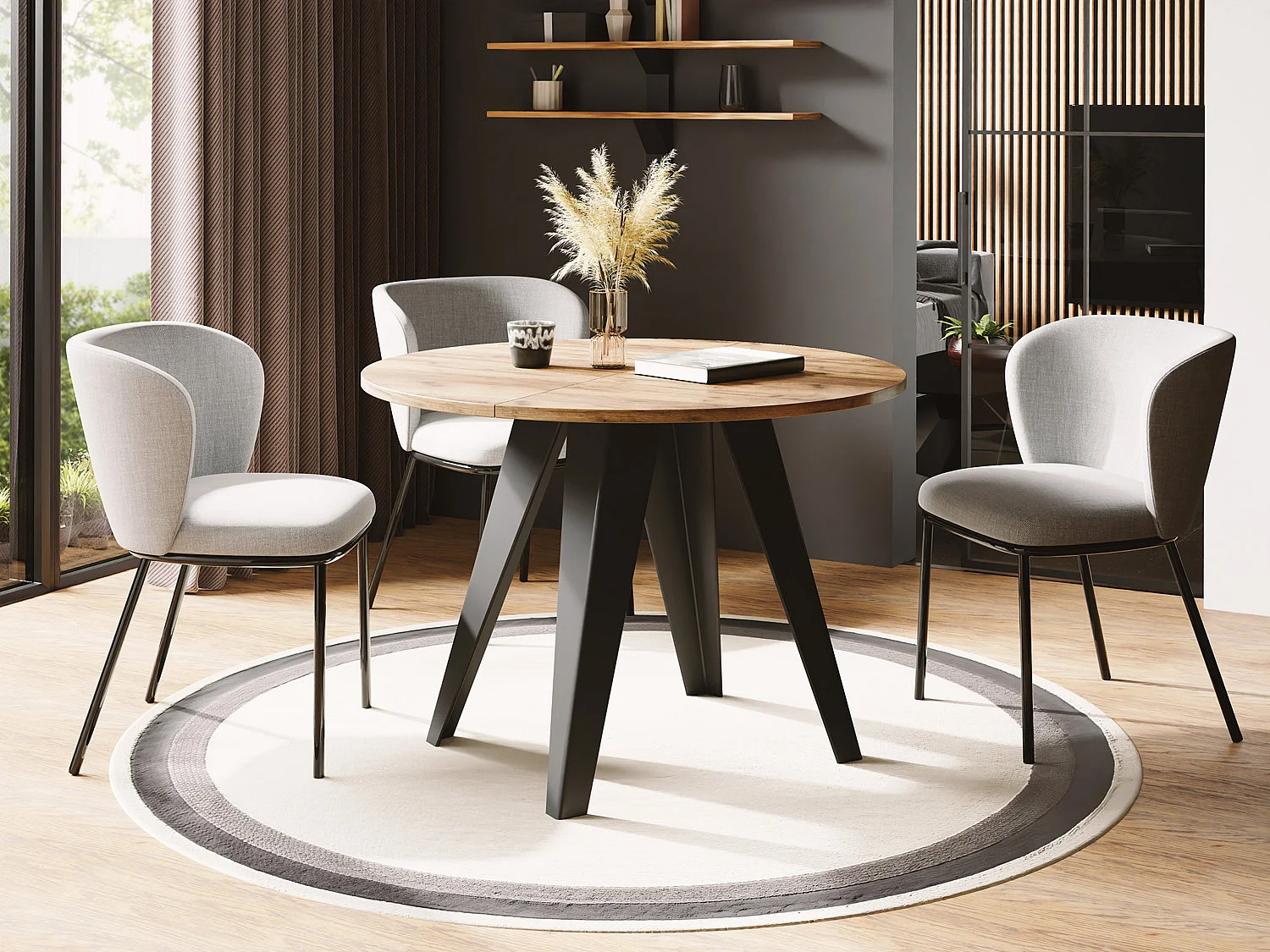 Esstisch Glory im Industriestil - Modern, Rund - Ausziehbar von 90 cm bis 130 cm, mit Pulverbeschichteten Metallbeinen, Tisch für Kleine Küche - Craft Eiche