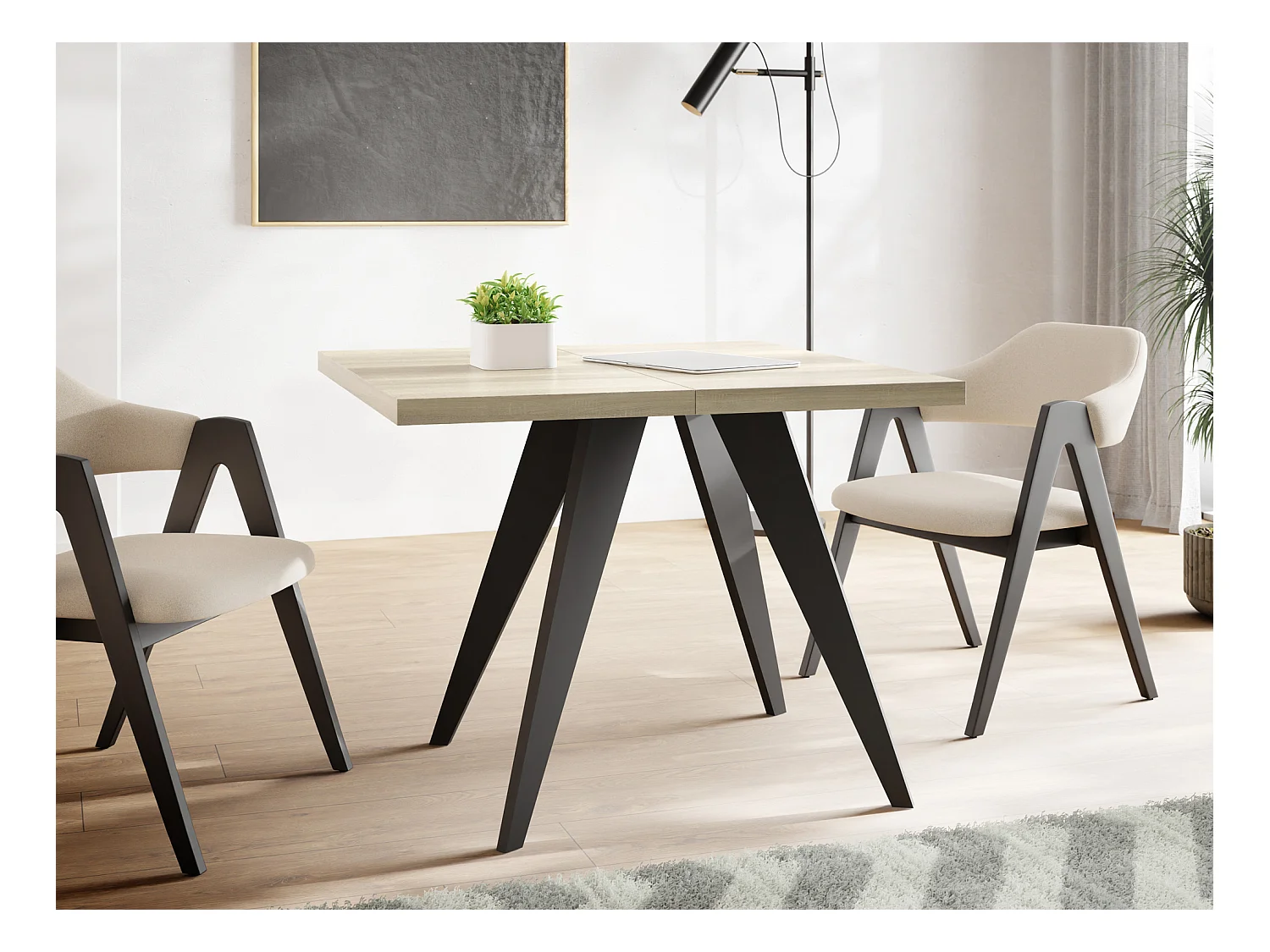 Table à Manger Carrée Extensible Quadro 100-200 cm - Table de Salle à Manger Industrielle avec Pieds Noirs pour 4-8 Personnes - Style Loft - Chêne Sonoma