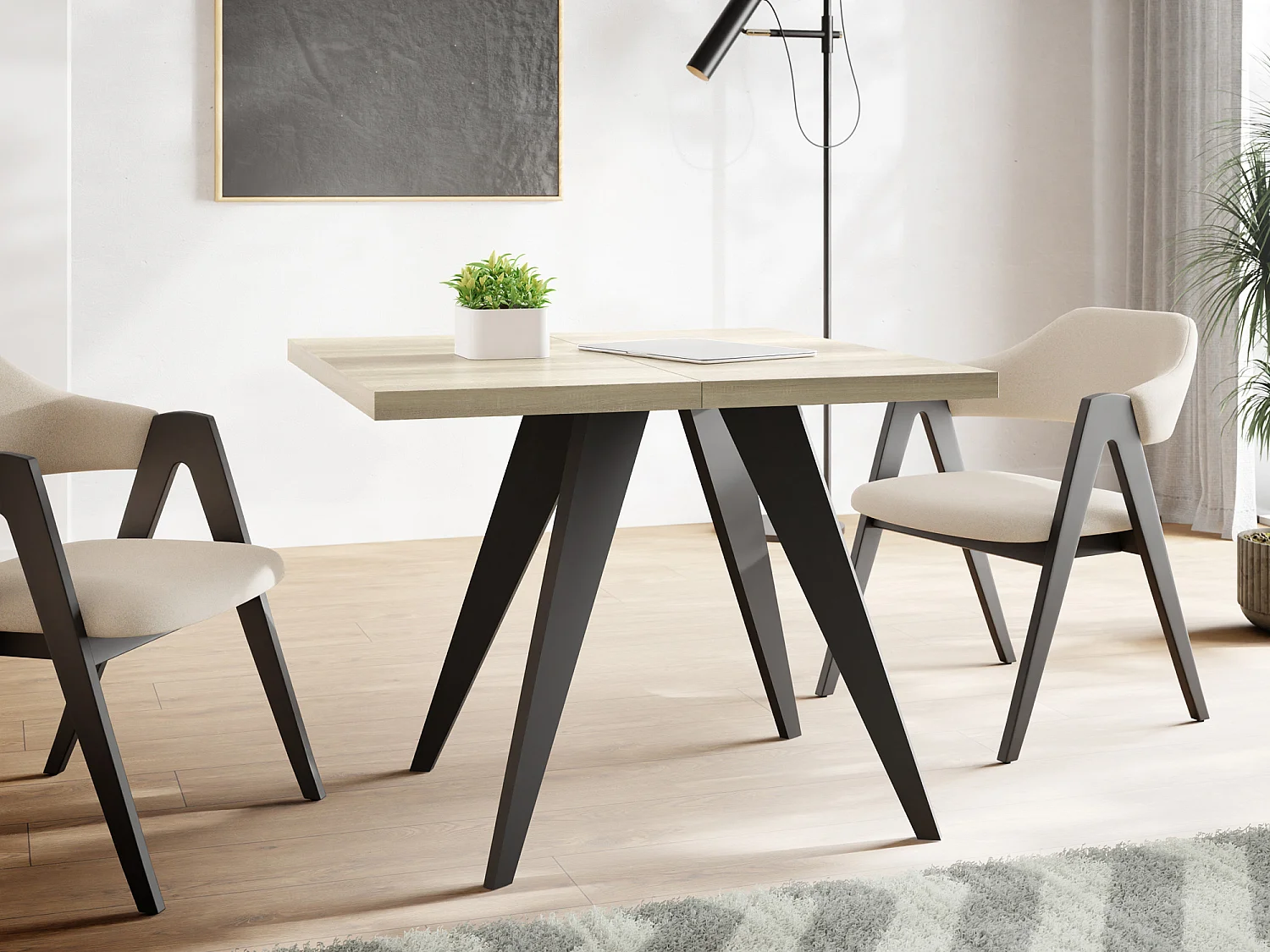 Table à Manger Carrée Extensible Quadro 100-200 cm - Table de Salle à Manger Industrielle avec Pieds Noirs pour 4-8 Personnes - Style Loft - Chêne Sonoma