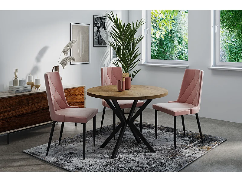 Table à Manger Extensible Ronde - Table Style Loft Avec Pieds Noirs en Métal - 100 à 176 cm - Table Rond Style Industriel Pour le Salon - Chêne Lefkas - 100 cm