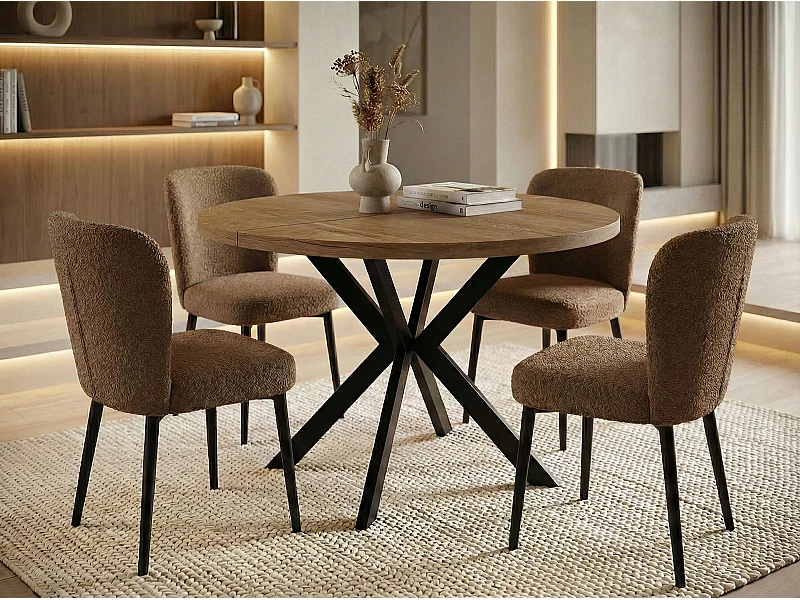 Table à Manger Extensible Ronde - Table Style Loft Avec Pieds Noirs en Métal - 100 à 176 cm - Table Rond Style Industriel Pour le Salon - Chêne Lefkas - 100 cm