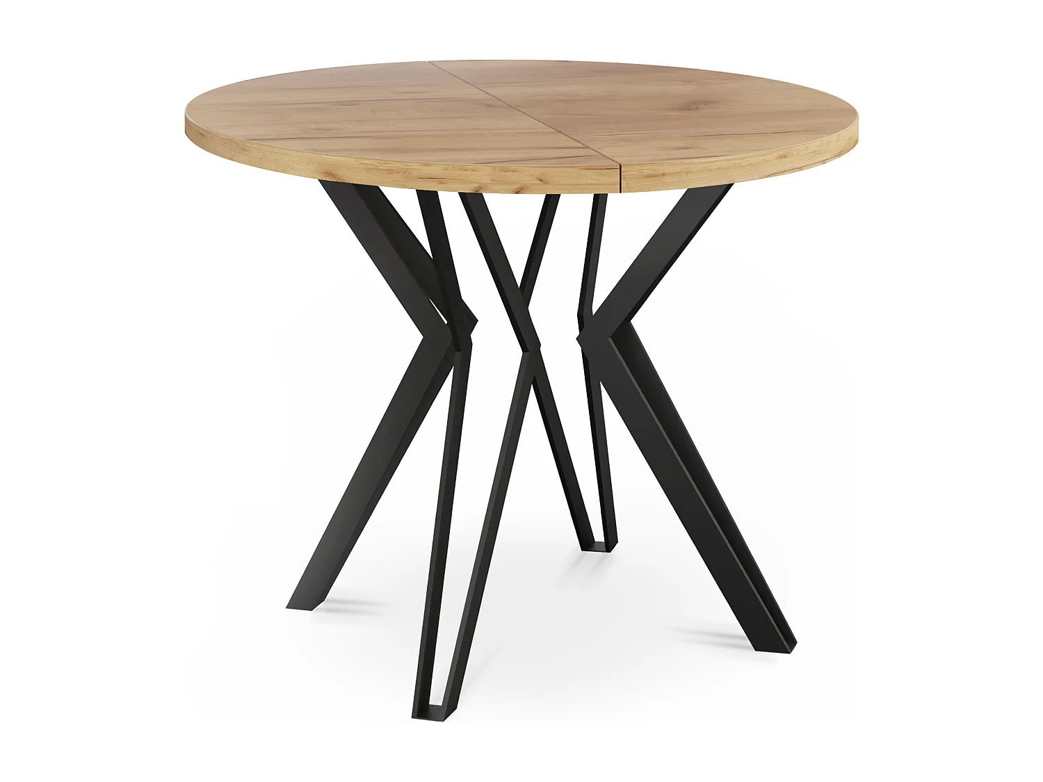 Table Ronde Salle à Manger - 100/176 cm de Diamètre - Table à Rallonges Avec Pieds en Métal Noir - Style Industriel - Compacte - Chêne Craft