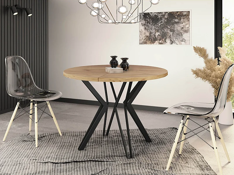 Table Ronde Salle à Manger - 100/176 cm de Diamètre - Table à Rallonges Avec Pieds en Métal Noir - Style Industriel - Compacte - Chêne Craft