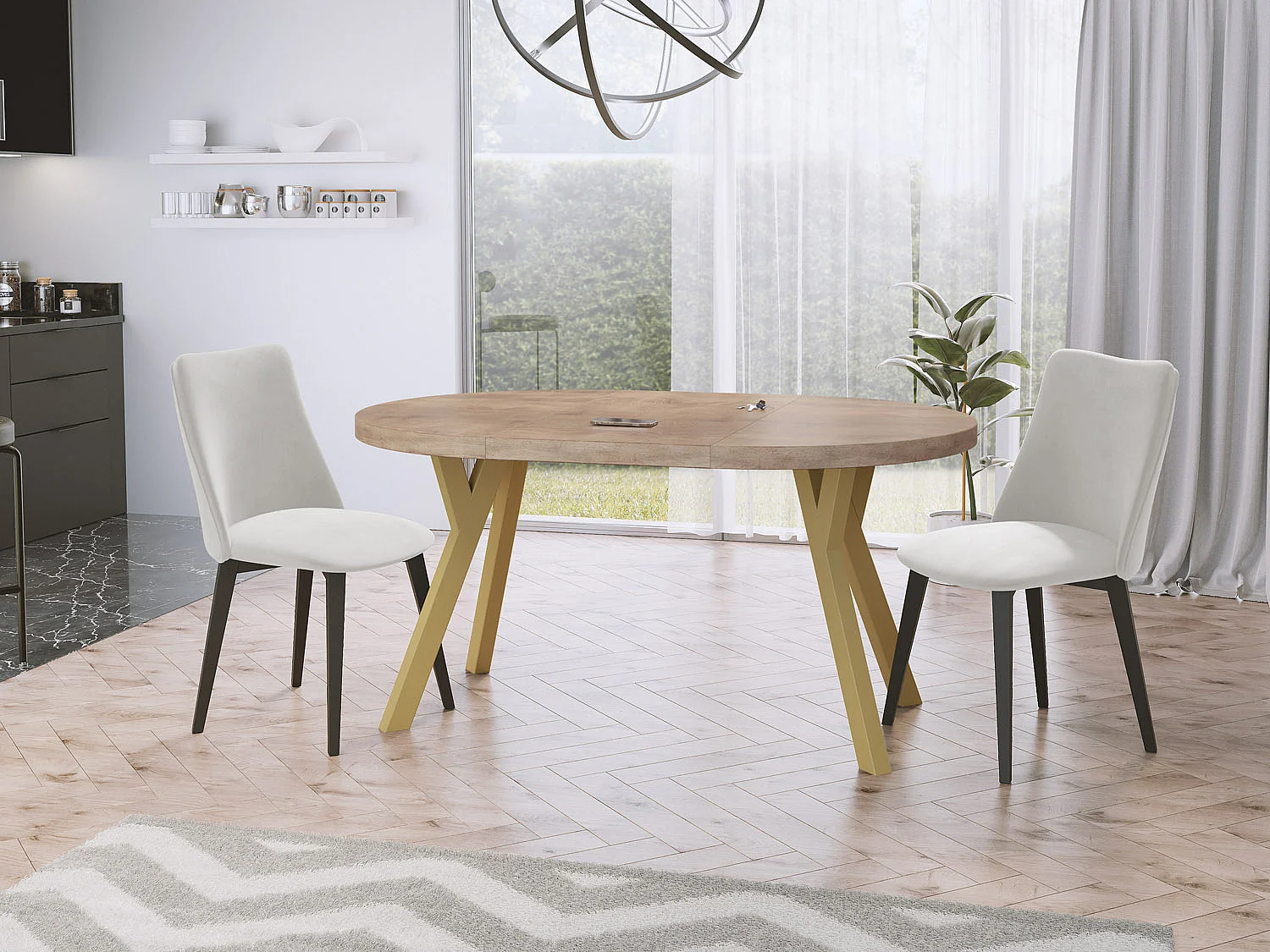 Designer Runder Ausziehbarer Esstisch - Loft-Stil, Platzsparend - Goldene Beine - 100 bis 150 cm - für 6-8 Personen - Hergestellt in EU - Sonoma Eiche - 150 cm