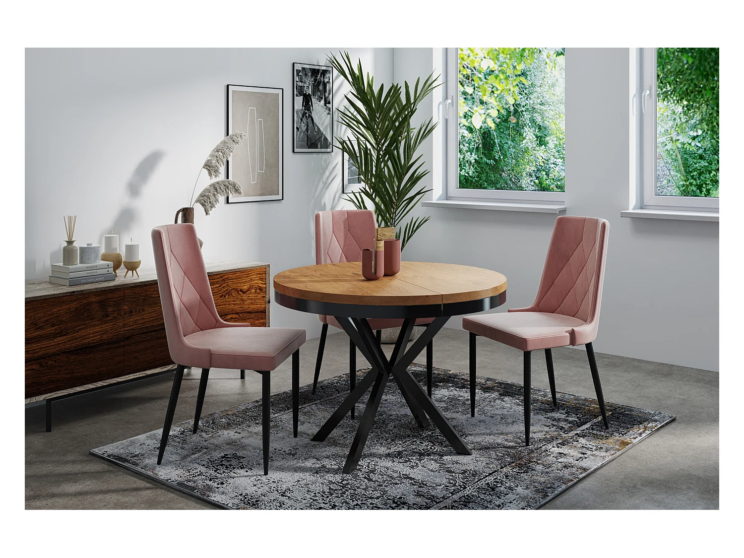Runder Ausziehbarer Esstisch - Loft Style Tisch mit Metallbeinen - 90 bis 170 cm - Industrieller Tisch für Wohnzimmer - Kompakt - 90 cm - Lancelot Eiche