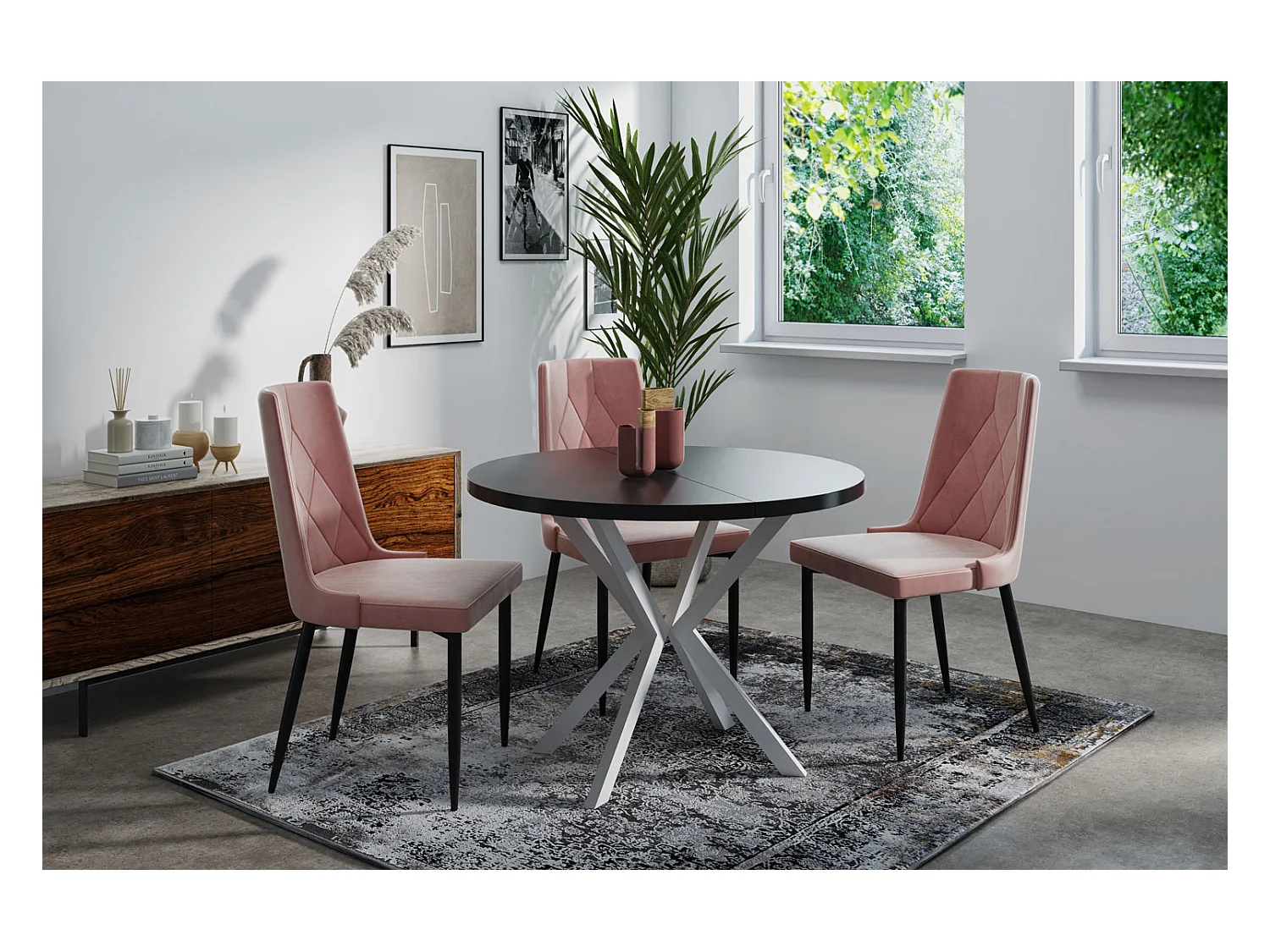 Runder Ausziehbarer Esstisch für 6-10 Personen - Loft Style Tisch mit Weißen Metallbeinen - 90 bis 120 cm - Industrieller Tisch für Wohnzimmer - Schwarz - 100 cm