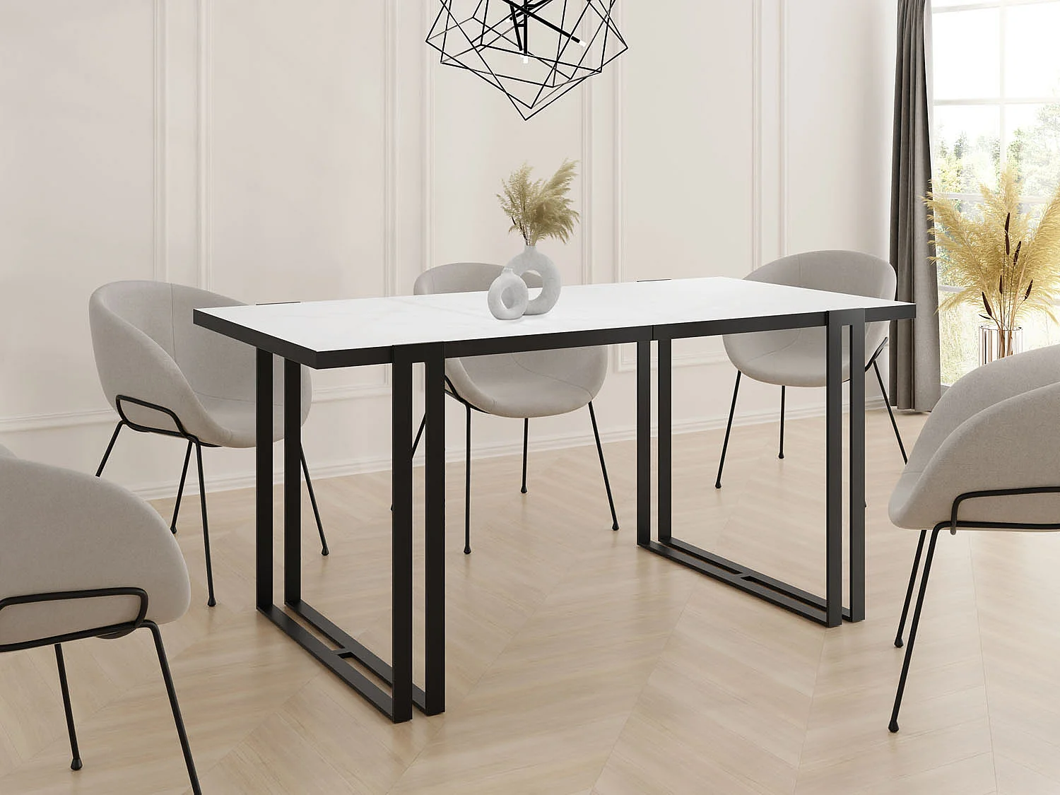 Table à Manger Extensible - Table Style Loft en Métal - Table Style Industriel Pour le Salon - Gain de Place - 160 / 260 cm - Blanc/Noir - 160 x 80 cm