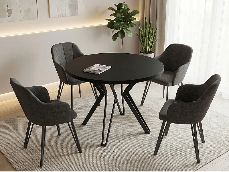 Runder Tisch für das Esszimmer - 100 oder 120 cm Durchmesser - Ausziehbarer Tisch mit Pulverbeschichteten Schwarzen Metallbeinen - 100 cm - Schwarz