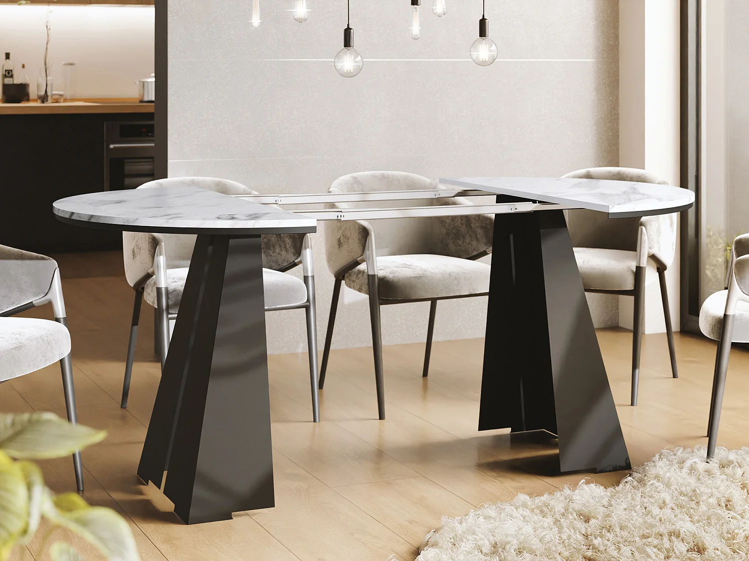 Runder Ausziehbarer Esstisch mit Schwarzem Metallgestell - Moderner Industrieller Tisch für Esszimmer oder Küche - 100 cm bis 180 cm - Made in EU - Marmor Weiß