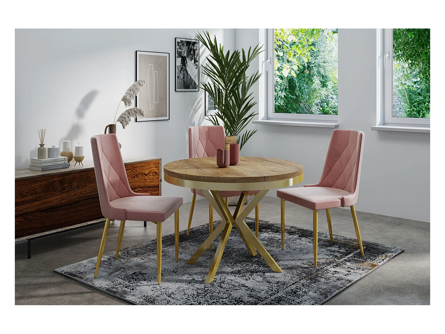 Runder Ausziehbarer Esstisch - Loft Style Tisch mit Goldenen Metallbeinen - 90 bis 170 cm - Industrieller Tisch für Wohnzimmer - Kompakt - 90 cm - Lefkas Eiche