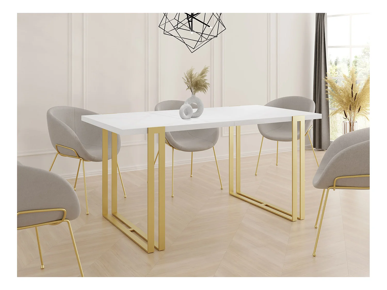 Ausziehbarer Esstisch - Großer Tisch im Loft-Stil mit Golden Metallbeinen 140 bis 240 cm - Industrietisch für das Wohnzimmer - Weiß - 140 x 80 cm