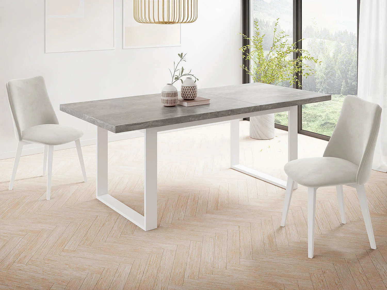 Rechteckiger Loft Esstisch Für Wohnzimmer - Loft Stil Esstisch Mit Weißen Metallfüßen - Ausziehbarer Esstisch von 140 cm bis 180 cm - Made in EU - Grauer Beton