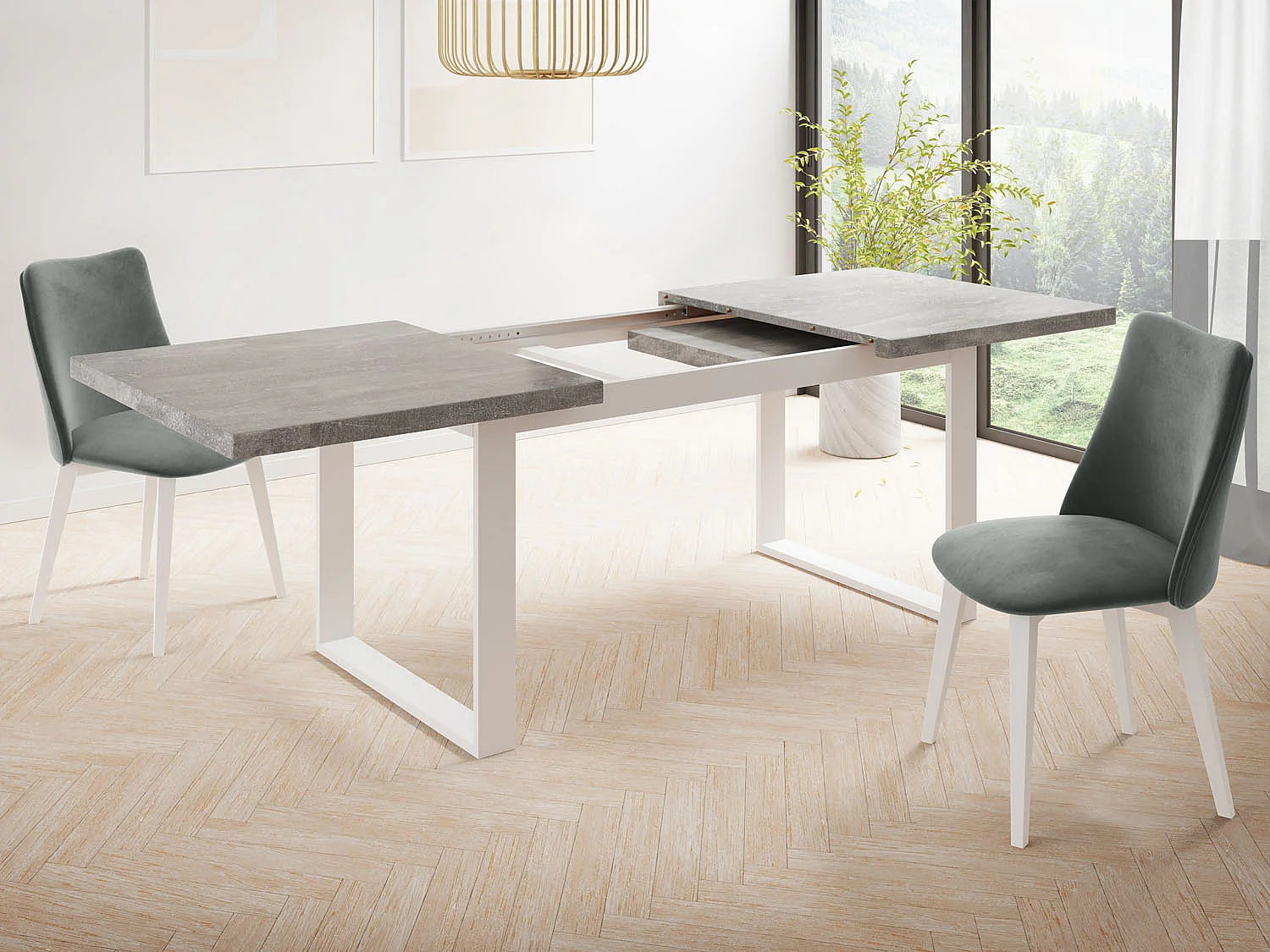 Rechteckiger Loft Esstisch Für Wohnzimmer - Loft Stil Esstisch Mit Weißen Metallfüßen - Ausziehbarer Esstisch von 140 cm bis 180 cm - Made in EU - Grauer Beton