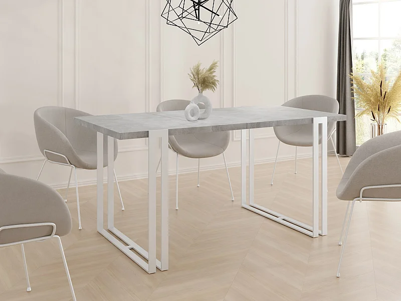 Ausziehbarer Esstisch - Großer Tisch im Loft-Stil mit Weiße Metallbeinen 160 bis 260 cm - Industrietisch für das Wohnzimmer - Beton Grau - 160 x 90 cm