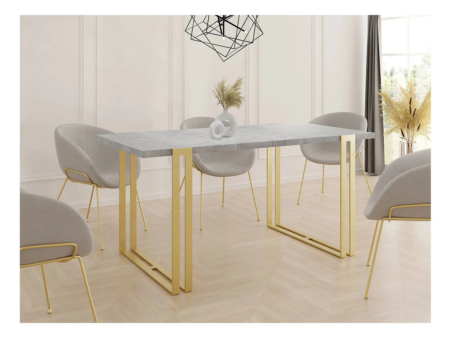 Ausziehbarer Esstisch - Großer Tisch im Loft-Stil mit Golden Metallbeinen 140 bis 240 cm - Industrietisch für das Wohnzimmer - Beton Grau - 140 x 80 cm
